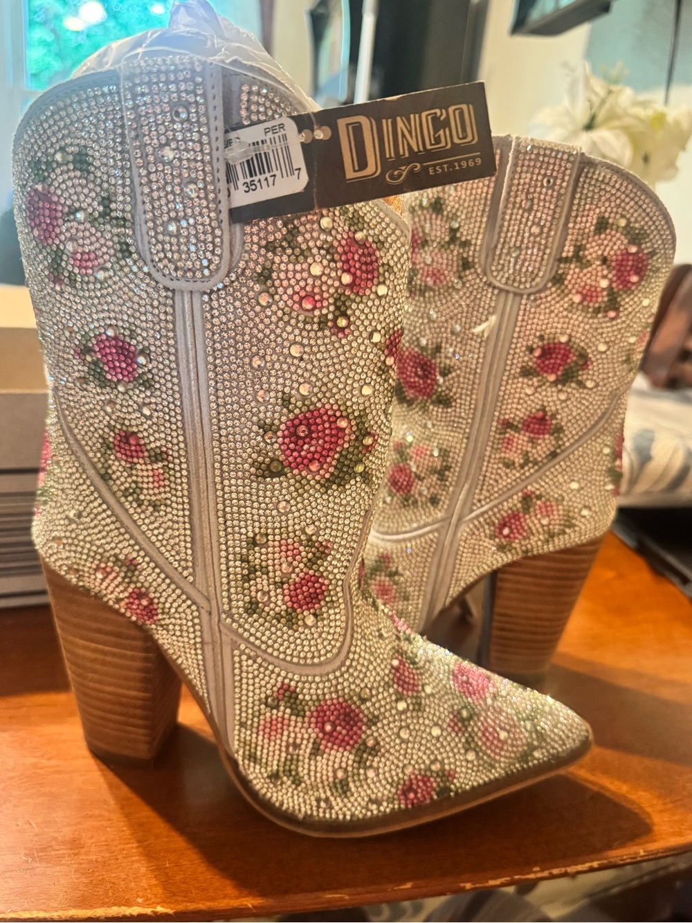 Dingo Embellished Floral Crystal Ankle Boots - White with Pink Roses
